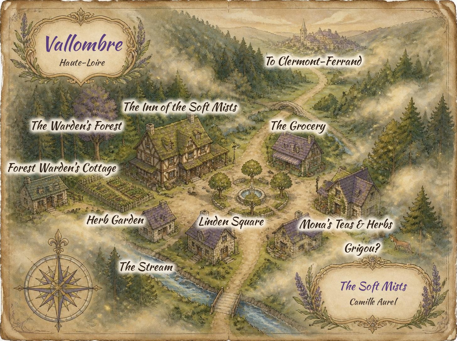 Illustrated map of Vallombre and its landmarks