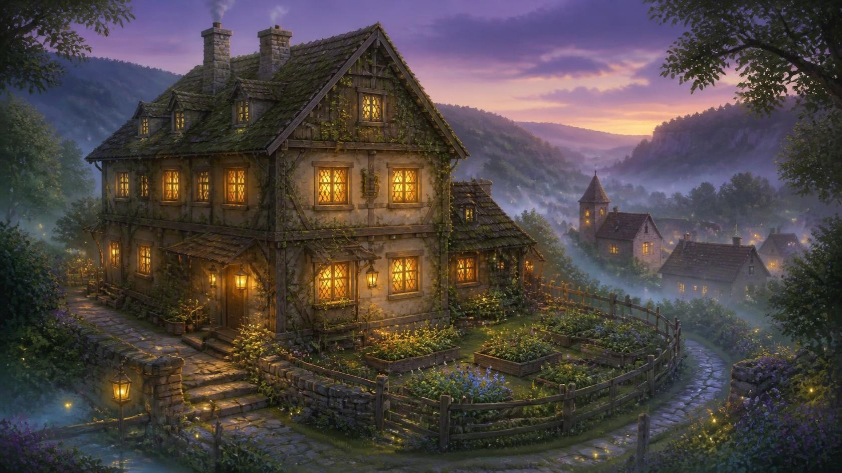 The inn at Vallombre in the mist at dusk